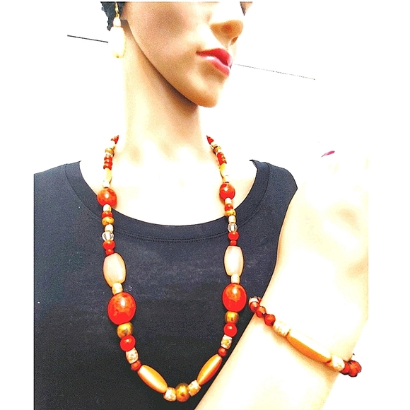 247NEB015. Handmade 3Pc. Carnelian Crackled Burnt Necklace Set - Picture 2 of 8